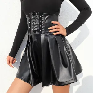 Irregular Folding Waist Sealing Back Zipper PU Leather Pleated Skirt