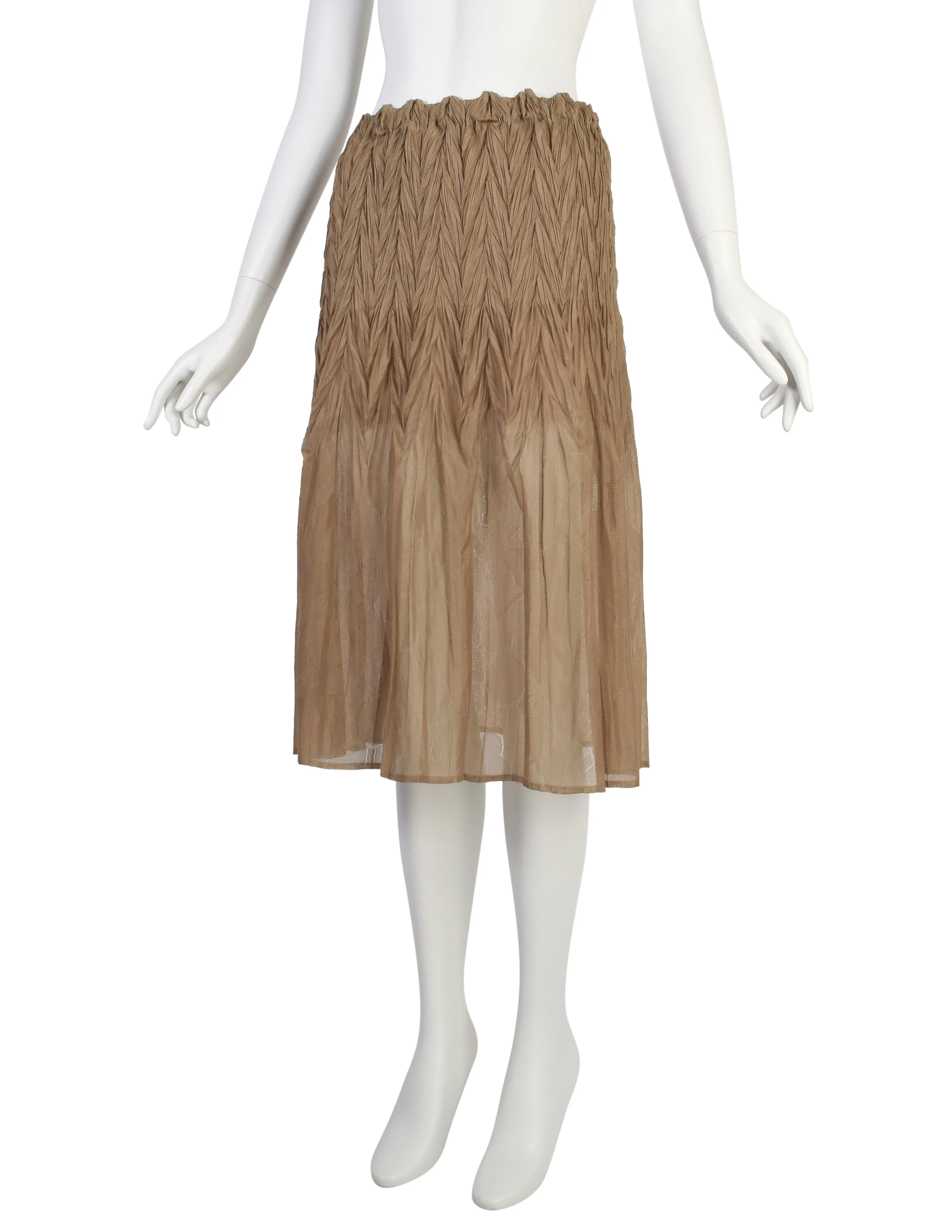 Issey Miyake Fete Vintage Semi-Sheer Brown Weather Symbols Pleated Skirt