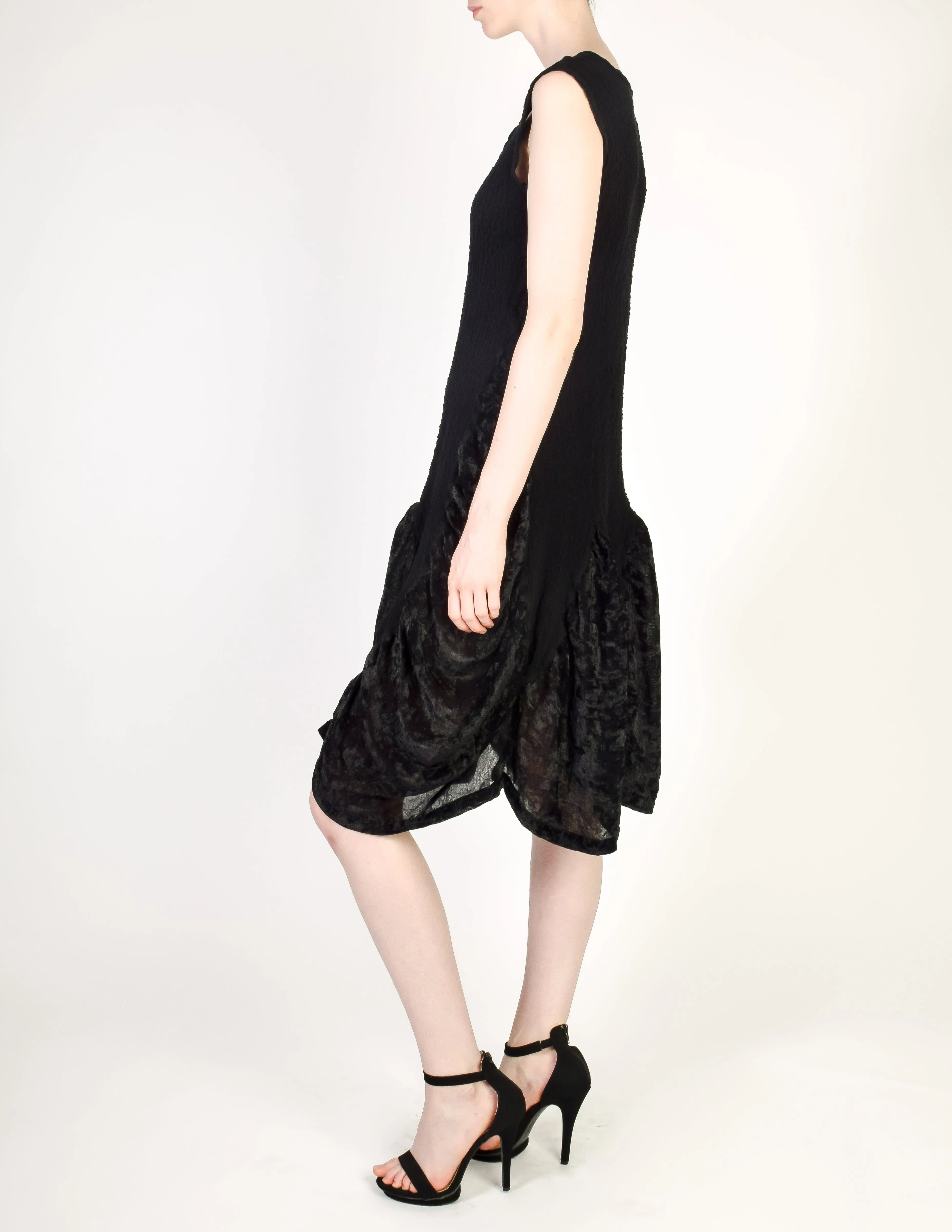 Issey Miyake Vintage Black Crinkle Pleated and Velvet Dress