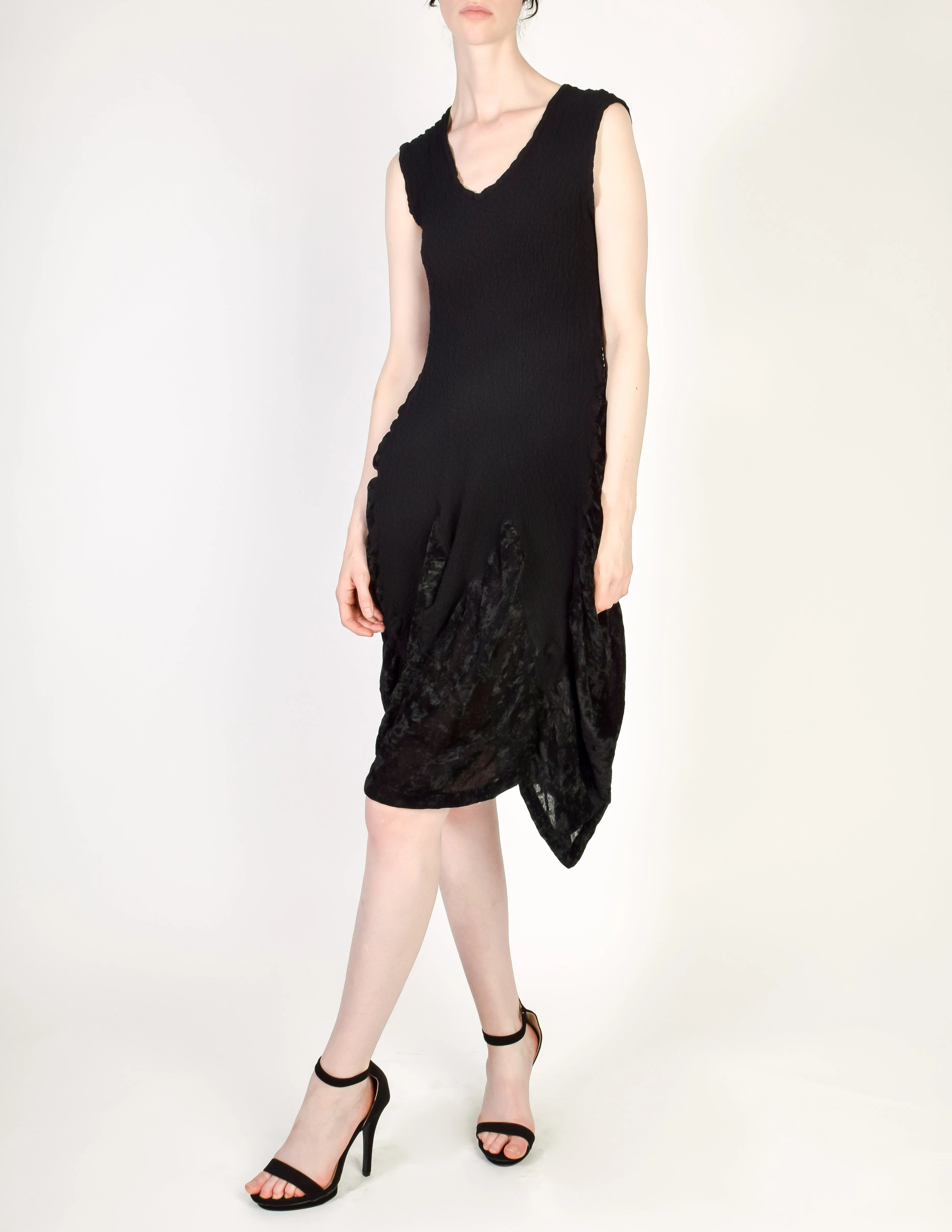 Issey Miyake Vintage Black Crinkle Pleated and Velvet Dress