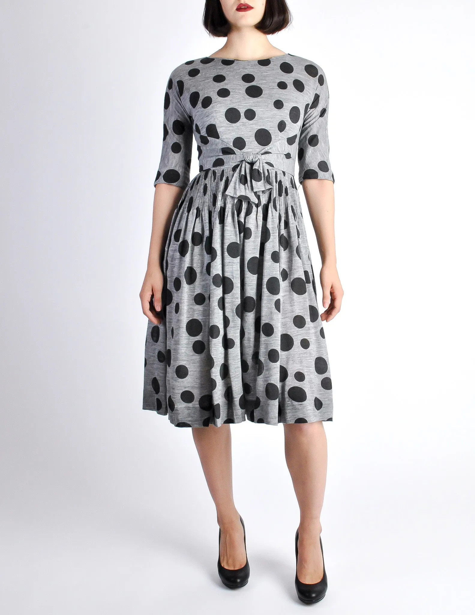 Jerry Gilden Vintage 1950s Heather Grey & Black Polka Dot Dress