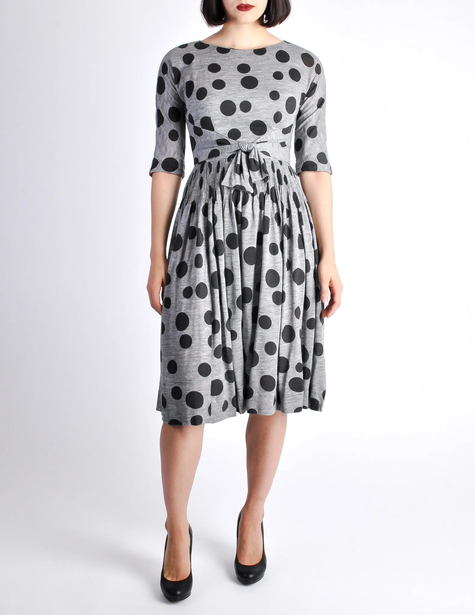 Jerry Gilden Vintage 1950s Heather Grey & Black Polka Dot Dress