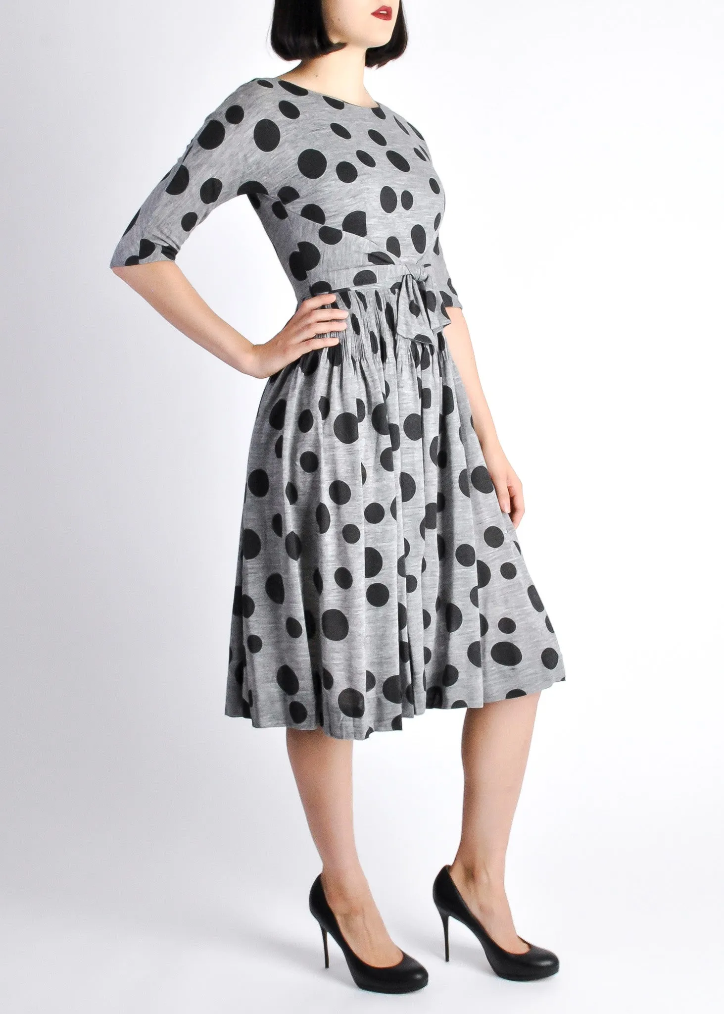 Jerry Gilden Vintage 1950s Heather Grey & Black Polka Dot Dress