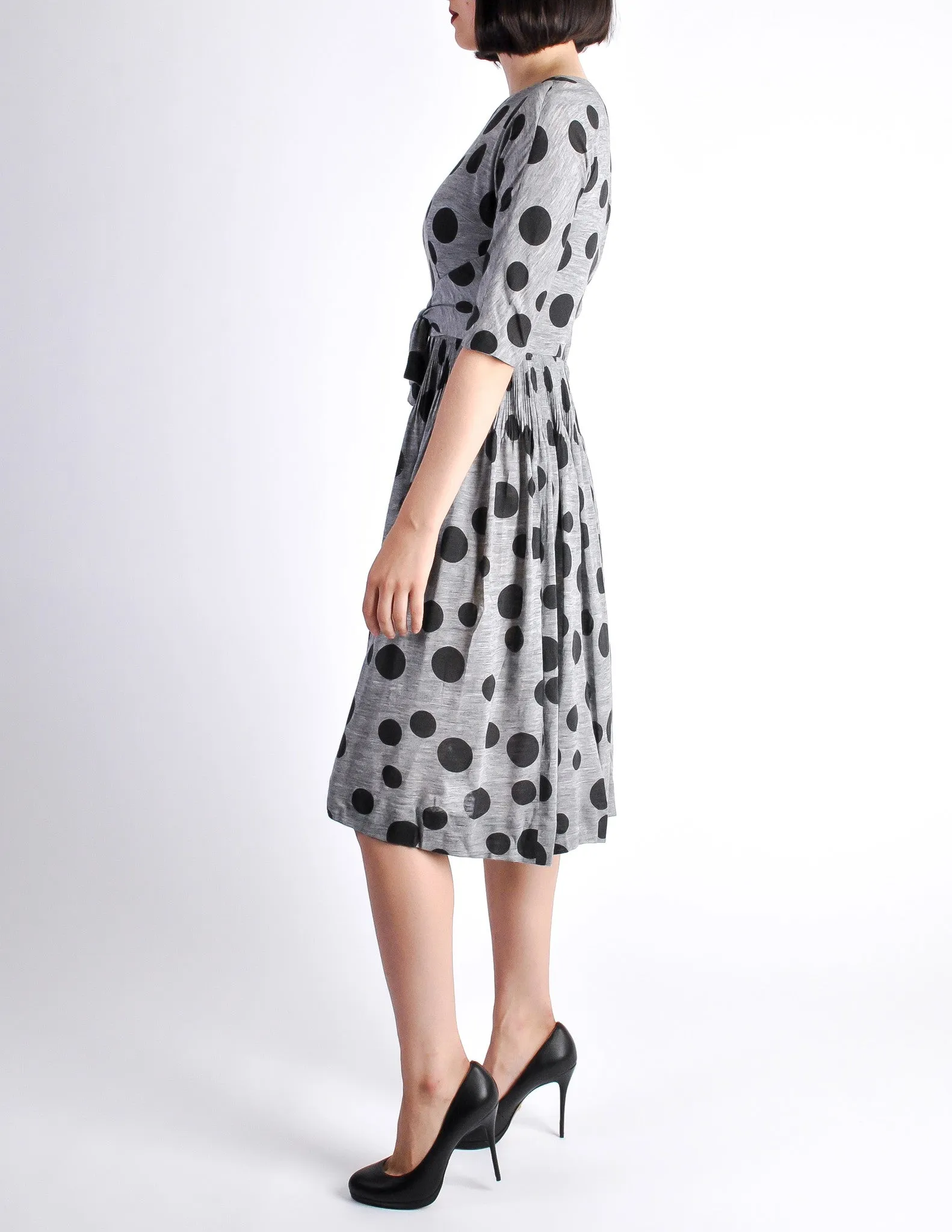 Jerry Gilden Vintage 1950s Heather Grey & Black Polka Dot Dress