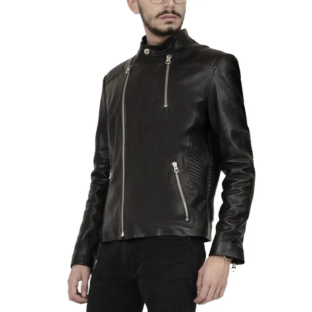 Jet Black Minimalist Men's Biker Leather Jacket