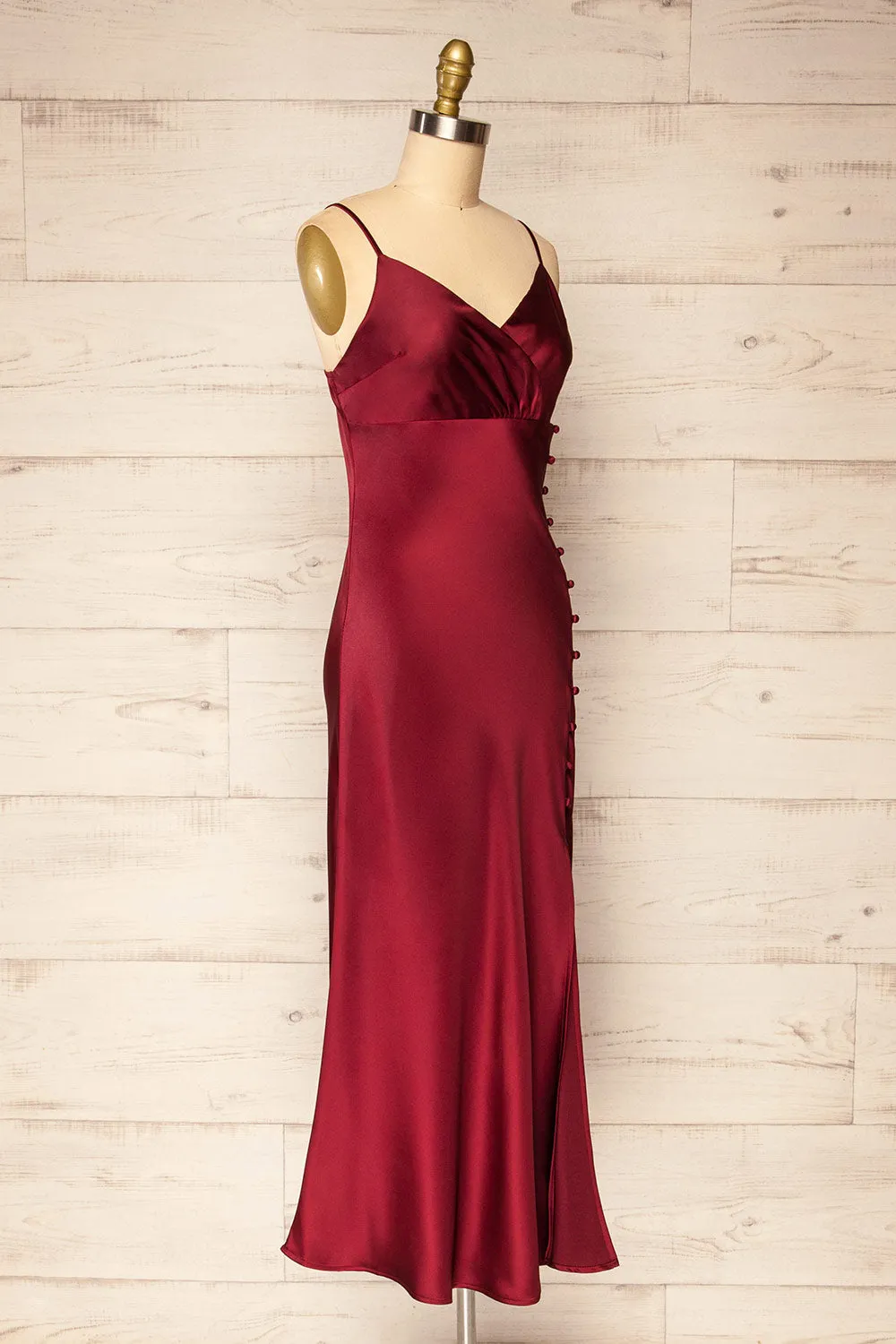 Juliene Burgundy | Satin Midi Dress w/ Slit