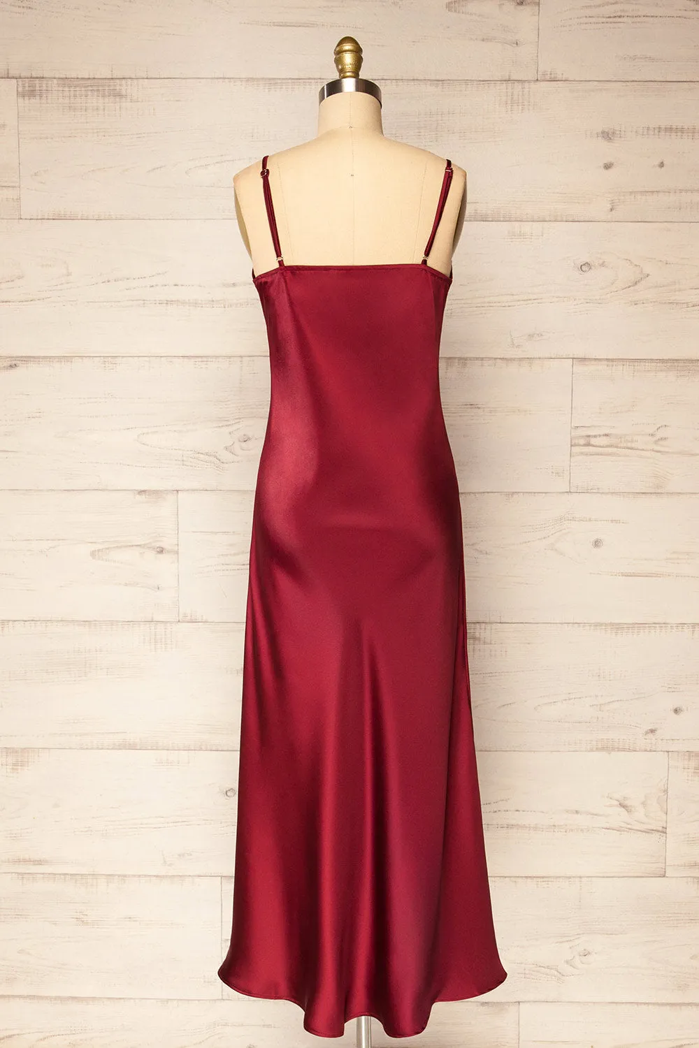 Juliene Burgundy | Satin Midi Dress w/ Slit