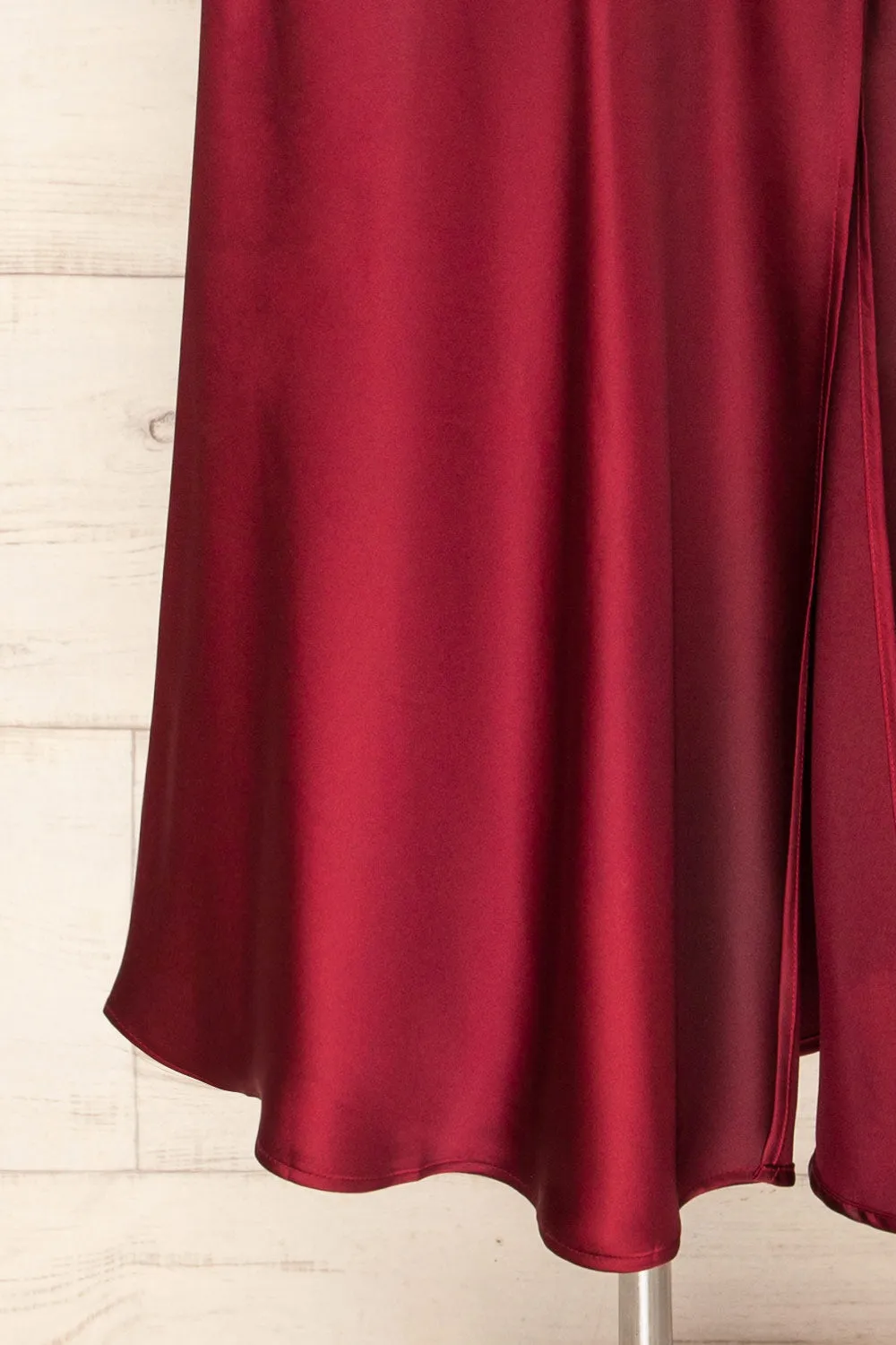 Juliene Burgundy | Satin Midi Dress w/ Slit