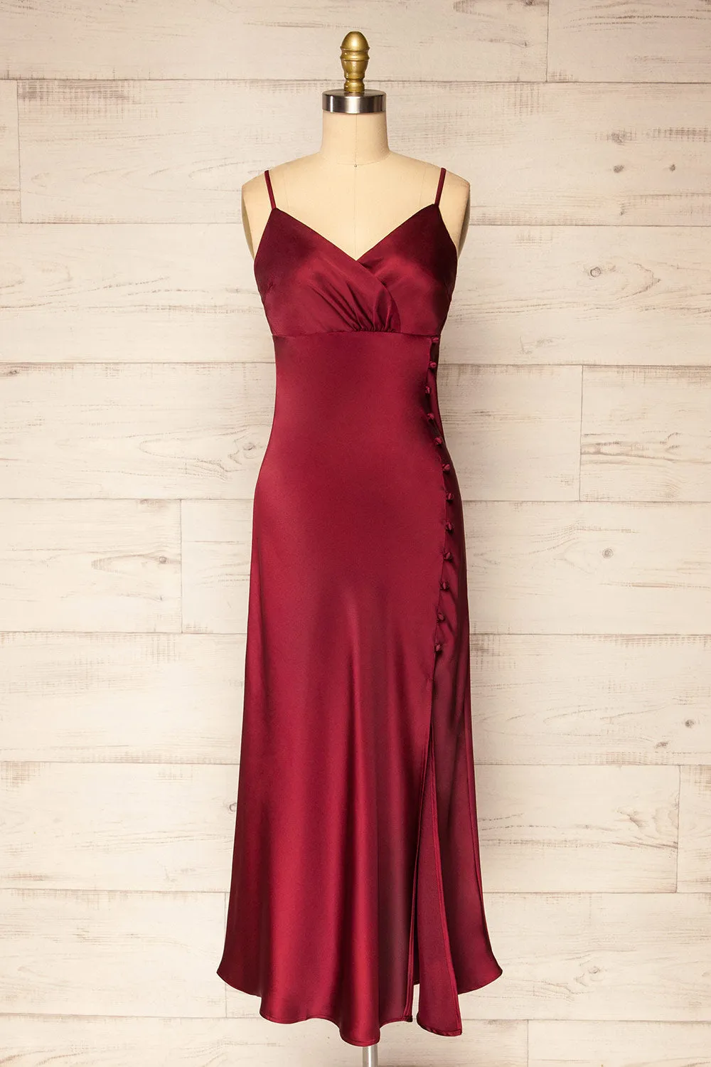 Juliene Burgundy | Satin Midi Dress w/ Slit