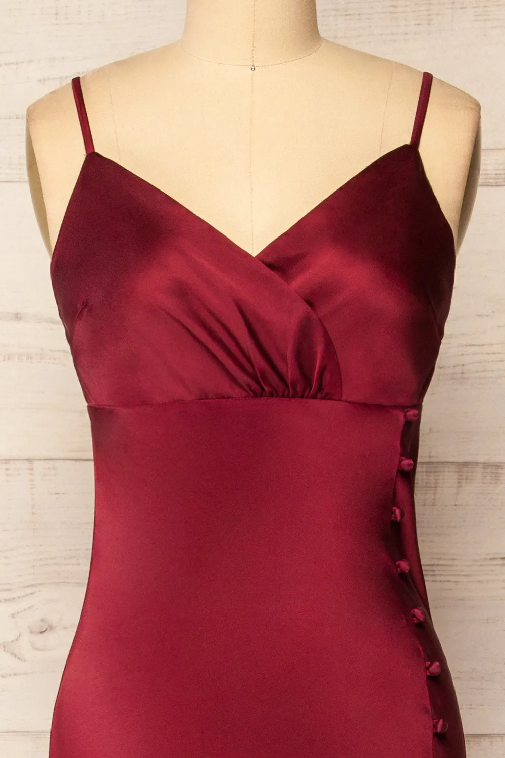 Juliene Burgundy | Satin Midi Dress w/ Slit