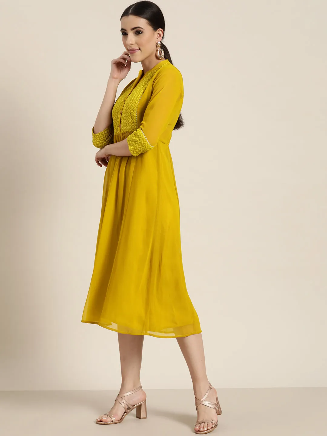 Juniper Mustard Georgette Lacy Midi Dress With Yoke Embroidery & Show Buttons