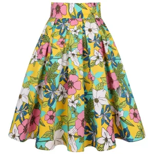 Korean Floral Print Cotton Casual Pleated Skirts School Harajuku Cosplay Women Vintage Midi Plus Size High Waist Summer Skirt