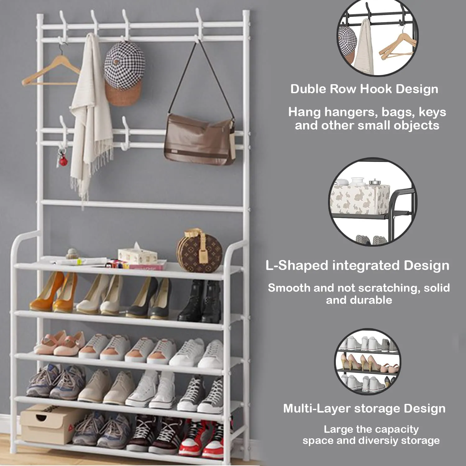 LEOPAX Bench Garment Rack with Shoe Rack, Multifunctional Cloth Stand with Shoe Shelf Organizer with 5-Tier & 8 Hooks, Coat Rack for Bedroom, Hallway, Entryway-Size 58x23x170cm-Metallic White