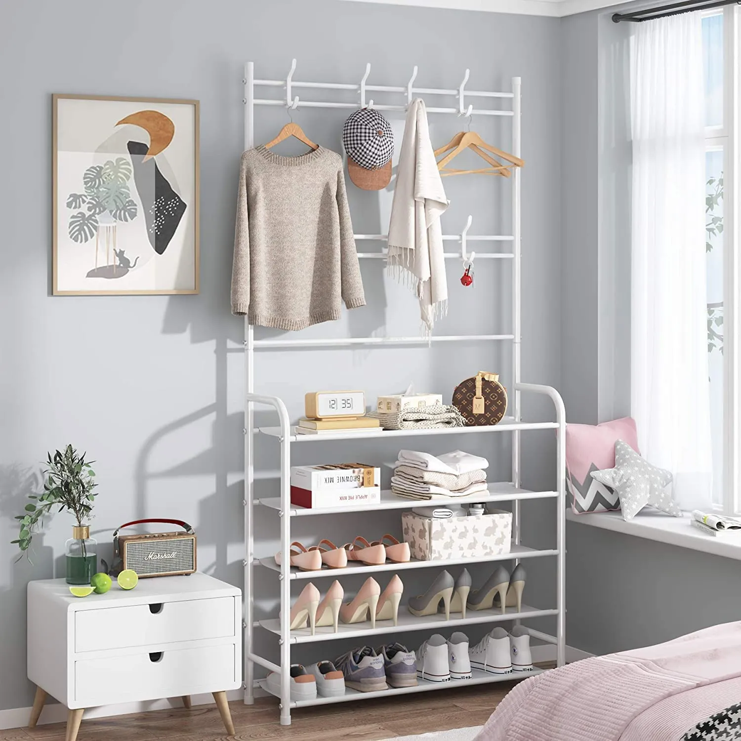 LEOPAX Bench Garment Rack with Shoe Rack, Multifunctional Cloth Stand with Shoe Shelf Organizer with 5-Tier & 8 Hooks, Coat Rack for Bedroom, Hallway, Entryway-Size 58x23x170cm-Metallic White