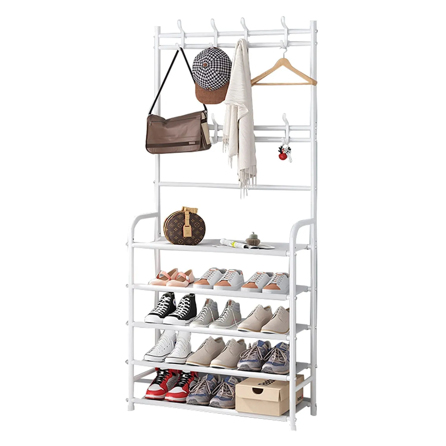 LEOPAX Bench Garment Rack with Shoe Rack, Multifunctional Cloth Stand with Shoe Shelf Organizer with 5-Tier & 8 Hooks, Coat Rack for Bedroom, Hallway, Entryway-Size 58x23x170cm-Metallic White