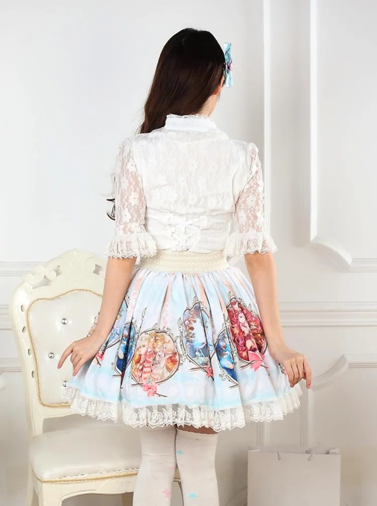 Light Sky Blue Sweet Zodiac Sign Printed Girl's Lovely Pleated Short Lolita Skirt with Lace Trimming