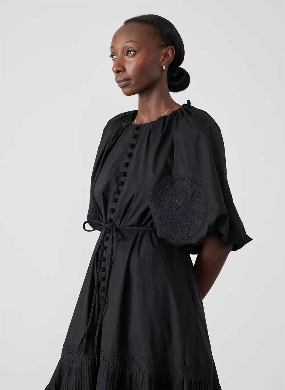 Lilah Organic Cotton Embroidery Midi Smock Dress | Black