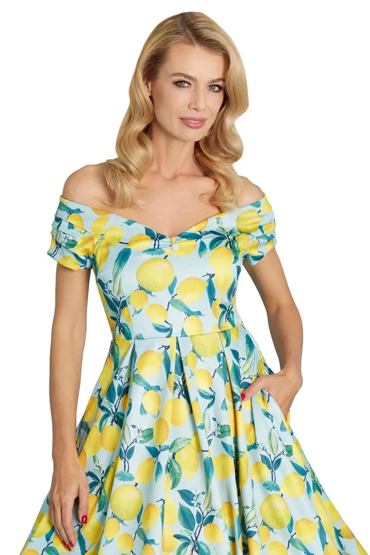 Lily Off Shoulder Blue/Yellow Lemon Dress by Dolly and Dotty