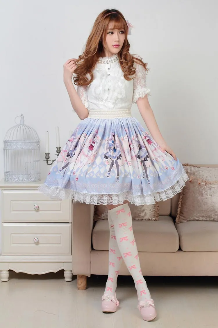 Lovely Sweet Blue Anime Character Printed Pleated Lolita Skirt for Girl with Lace Trimming