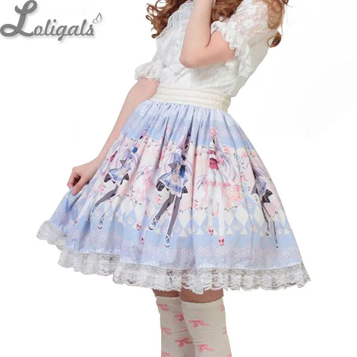 Lovely Sweet Blue Anime Character Printed Pleated Lolita Skirt for Girl with Lace Trimming