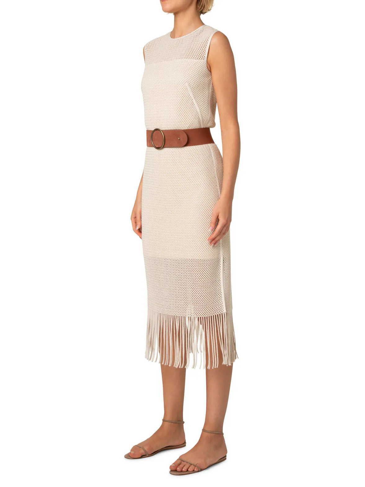 Midi Dress in Cotton Mesh with Fringes