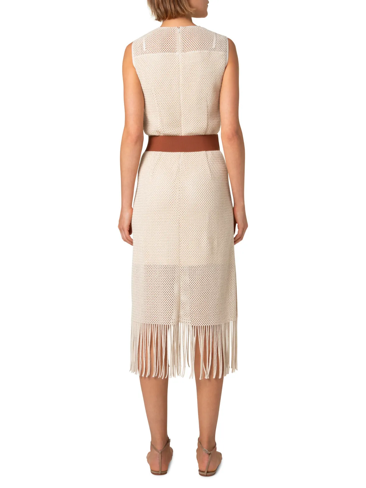 Midi Dress in Cotton Mesh with Fringes