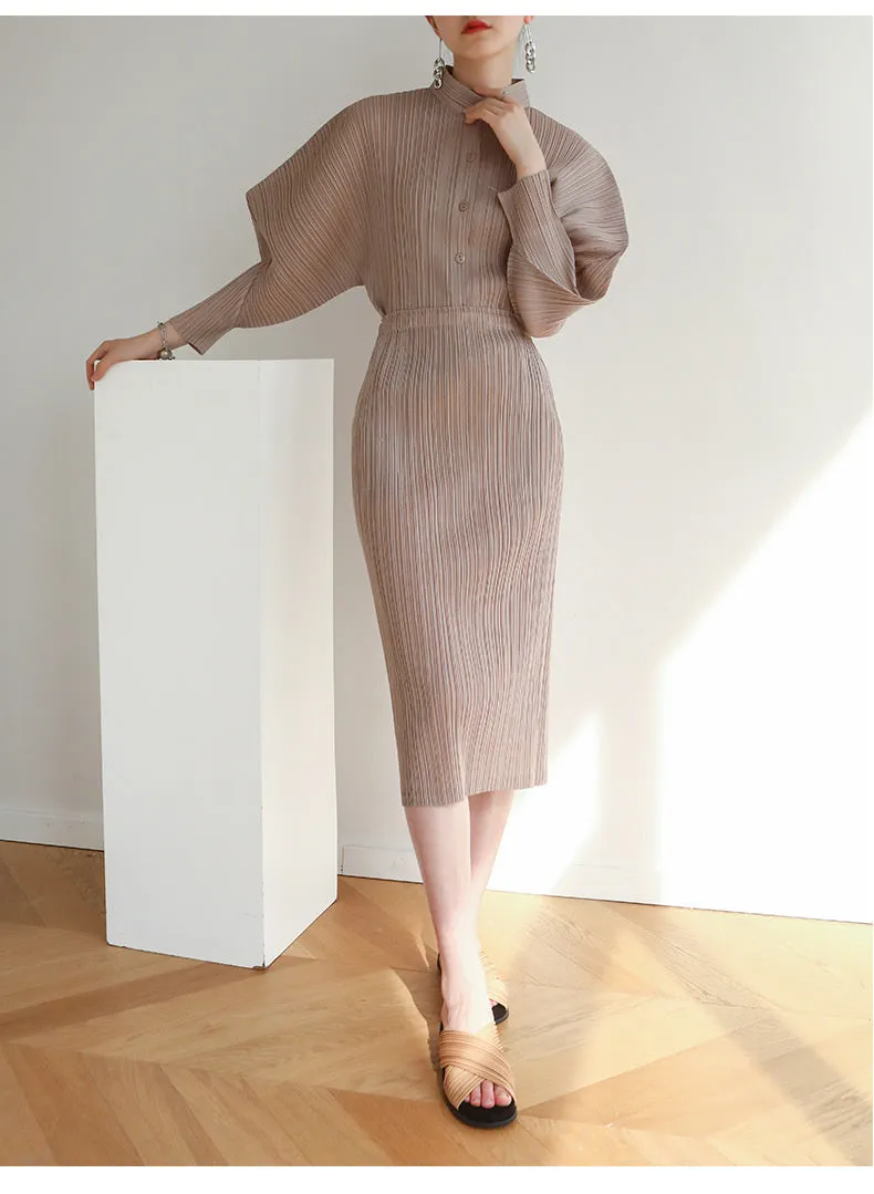 Miyake Pleated Horn Sleeve Shirt and Midi Skirt Set