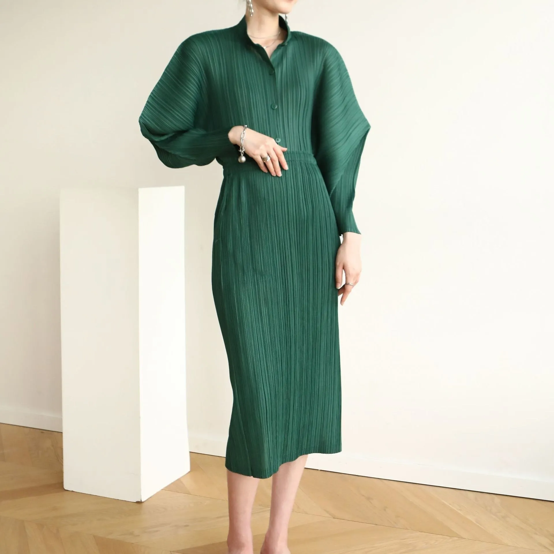 Miyake Pleated Horn Sleeve Shirt and Midi Skirt Set