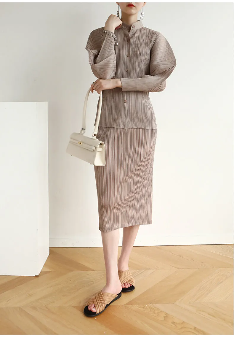 Miyake Pleated Horn Sleeve Shirt and Midi Skirt Set