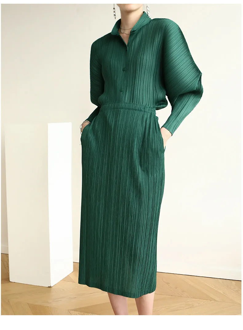 Miyake Pleated Horn Sleeve Shirt and Midi Skirt Set