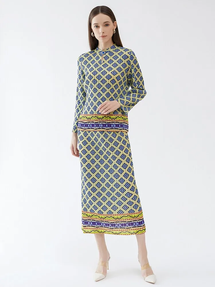 Miyake Pleated Vintage Printed Top and Straight Skirt Set