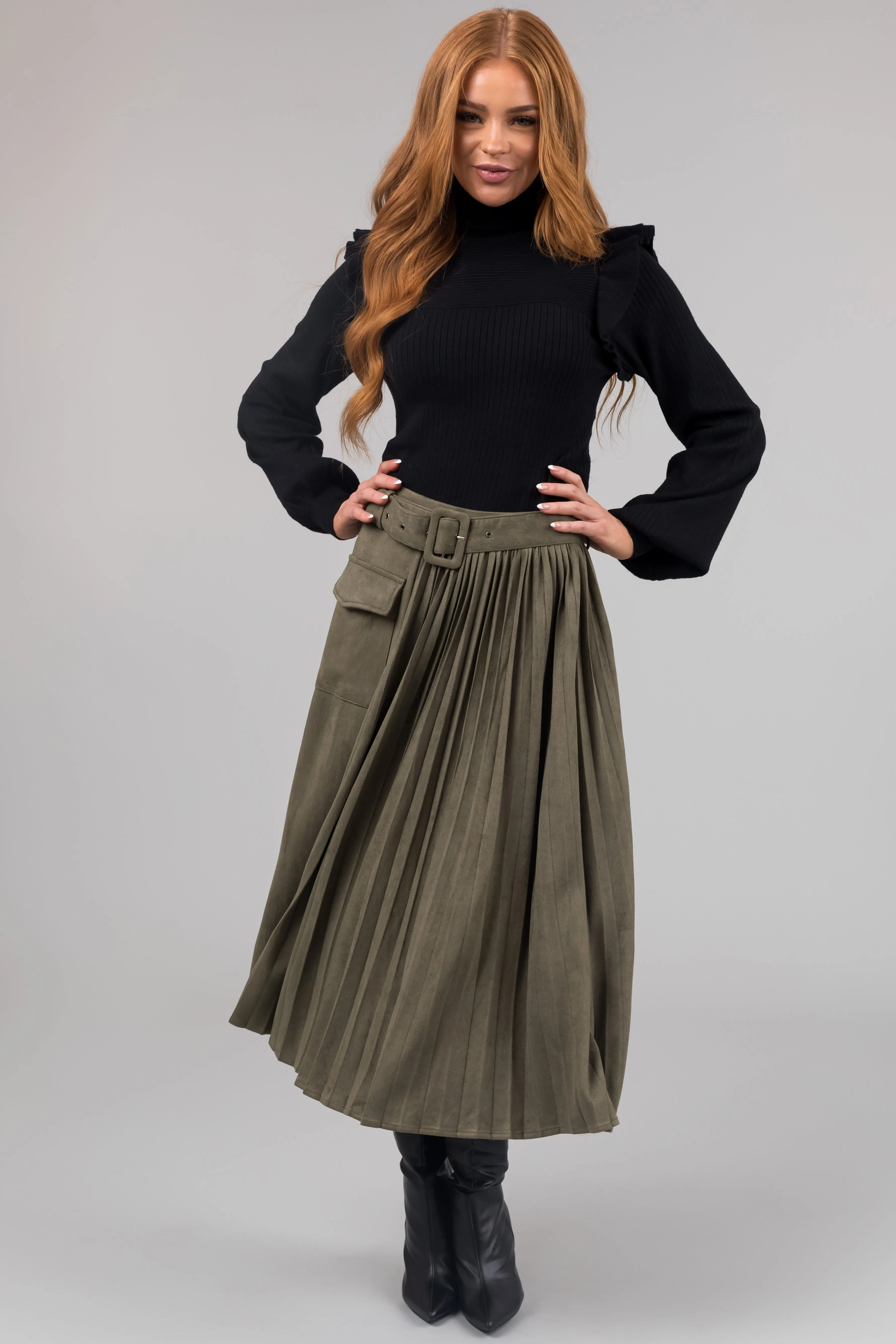 Olive Faux Suede Pleated Midi Skirt with Belt