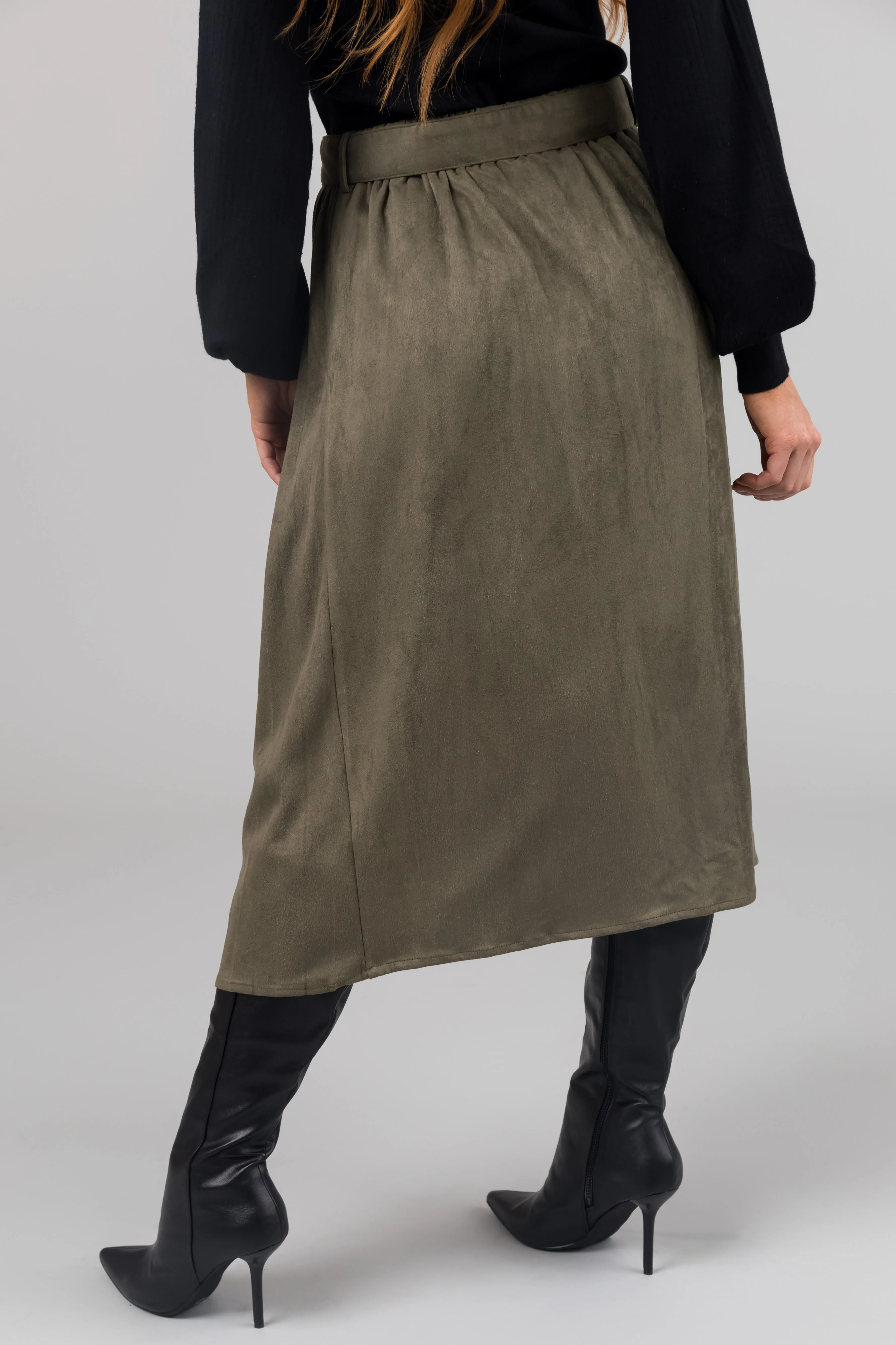 Olive Faux Suede Pleated Midi Skirt with Belt