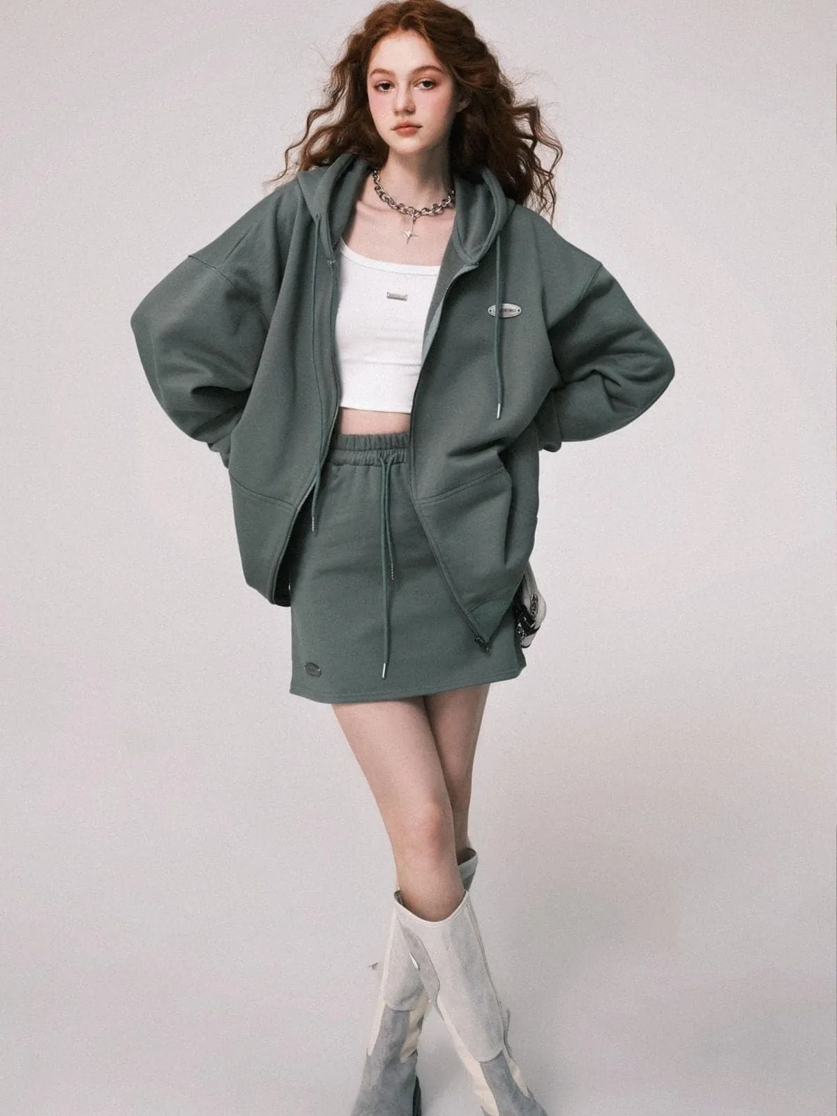 Oversized Hooded Sweat Parka & Skirt Set