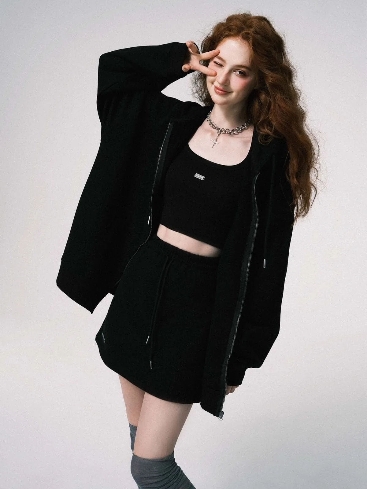 Oversized Hooded Sweat Parka & Skirt Set