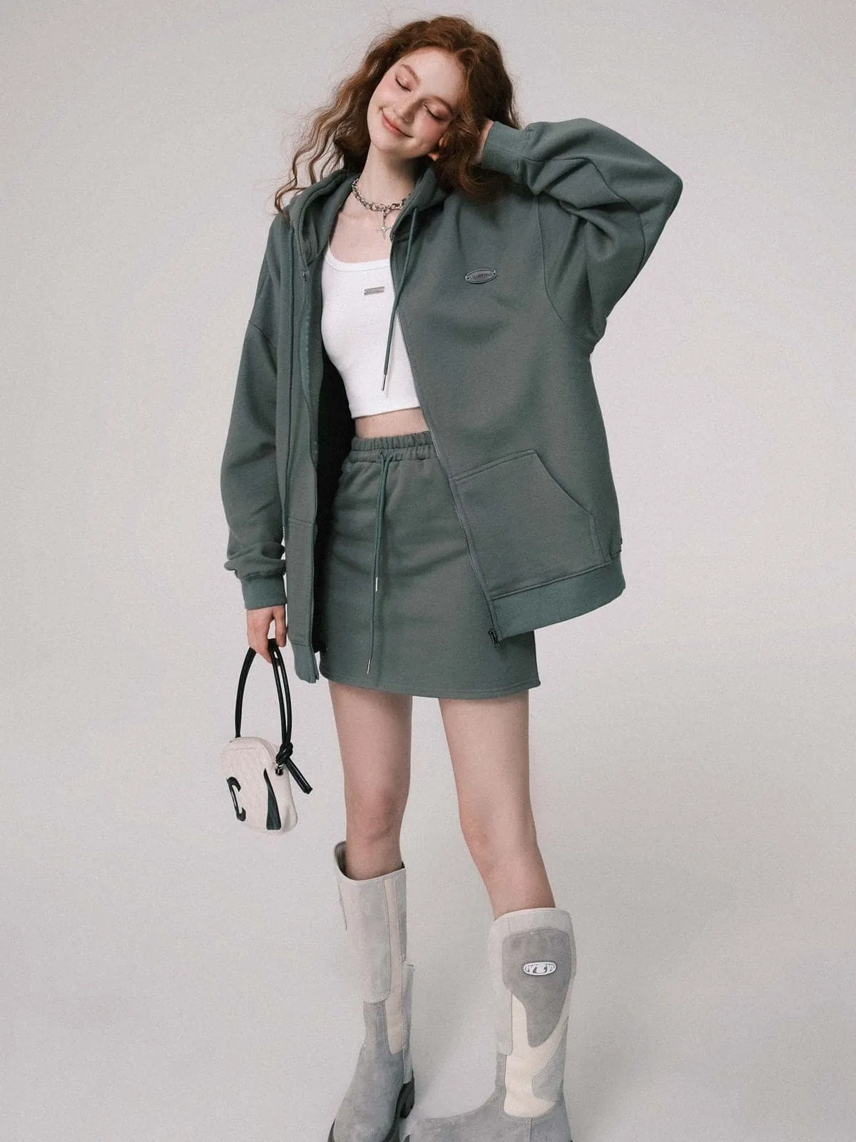 Oversized Hooded Sweat Parka & Skirt Set