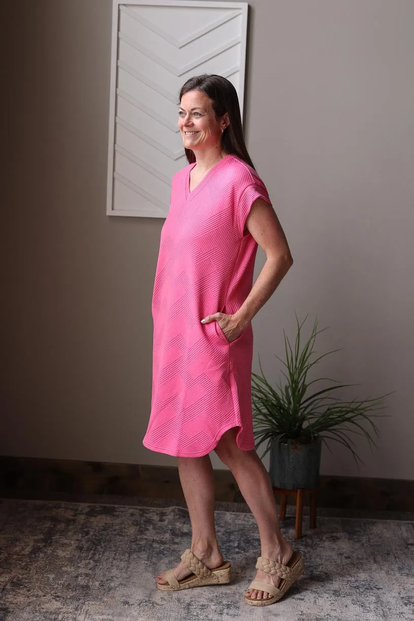 Pink Bonbon Textured V-Neck Midi Dress