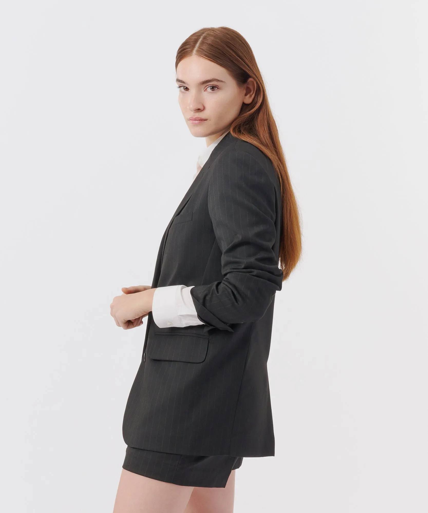 Pinstripe Twill Boyfriend Blazer - Black