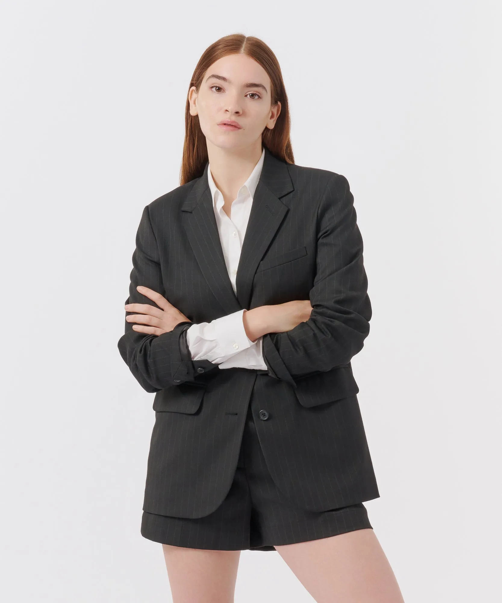 Pinstripe Twill Boyfriend Blazer - Black