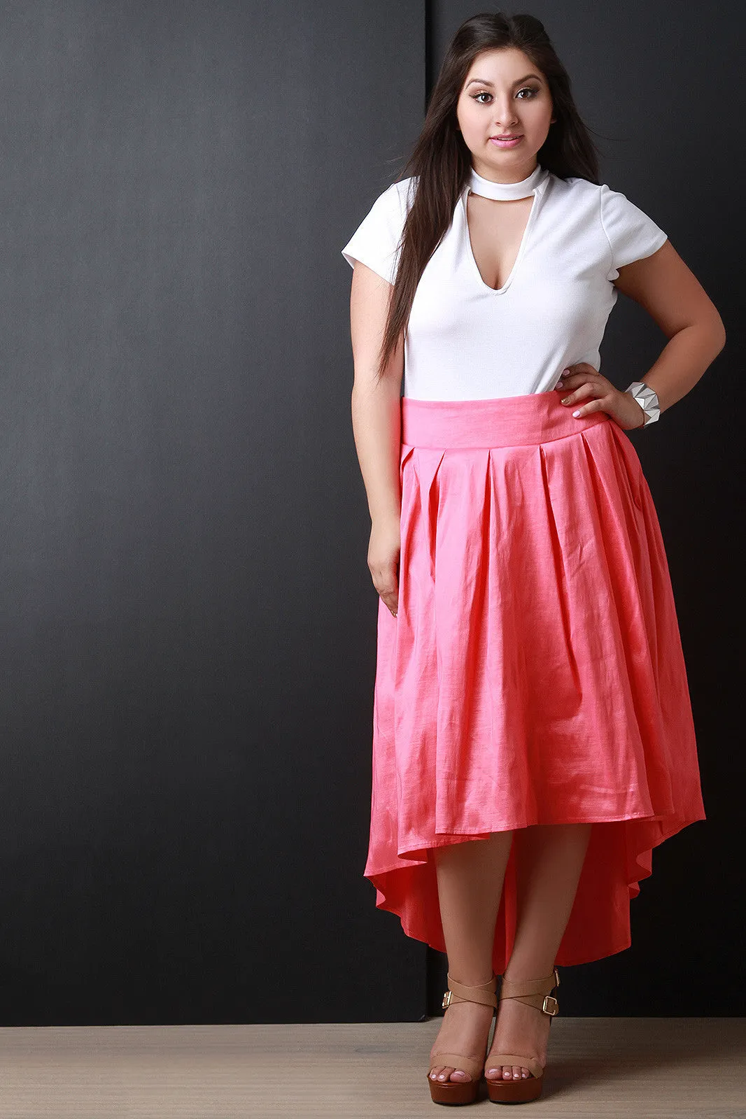 Pleated Taffeta High-Low Skirt