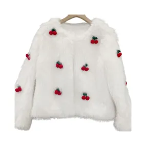 Pre Order:  3D Cherry White Fur Jacket