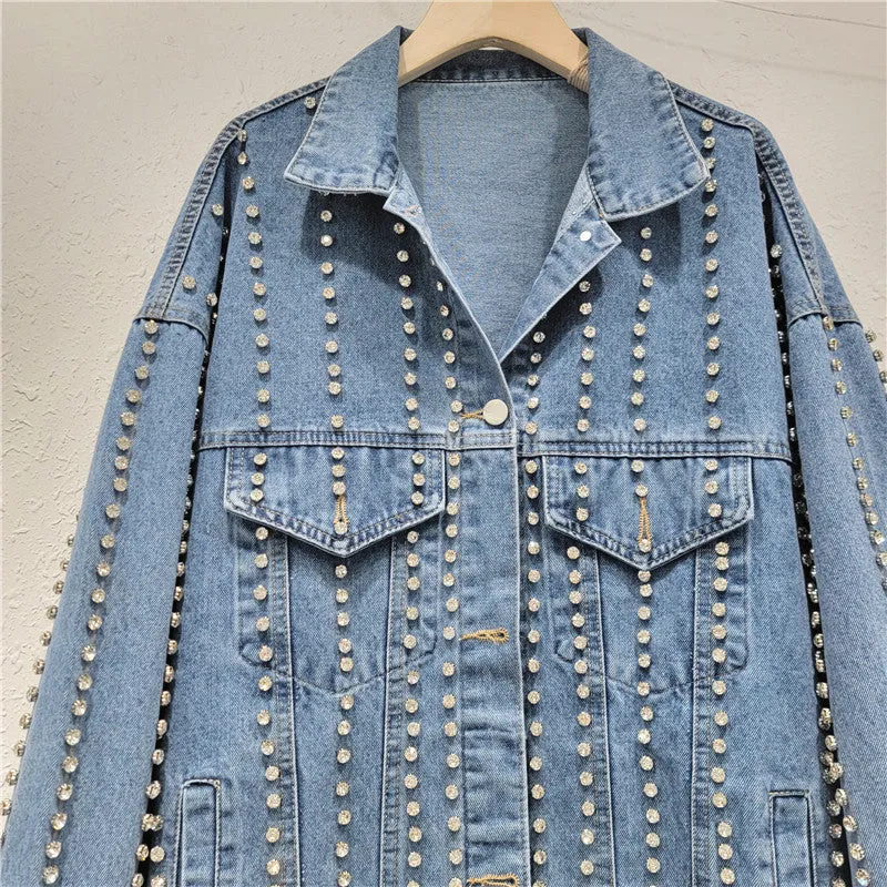 Pre Order:  Full Body Nail Drill Lapel Loose Denim Jacket