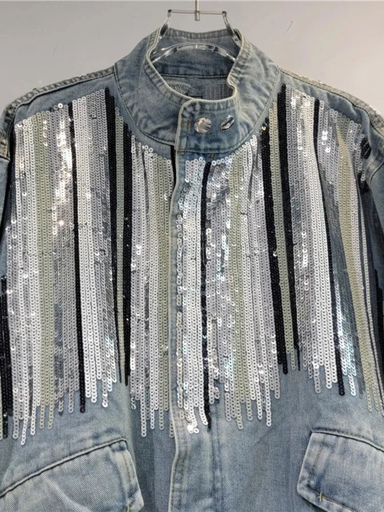 Pre Order:  Striped Sequins Long Sleeve Loose Denim Jacket