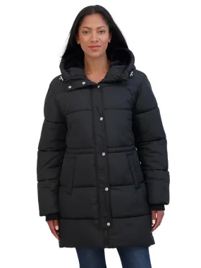 Sebby Collection Women's 3/4 Cozy Lined Hooded Puffer Coat With Drawstring Waist