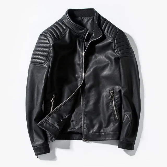 Shoulder Stitched Biker Style Men PU Leather Jacket