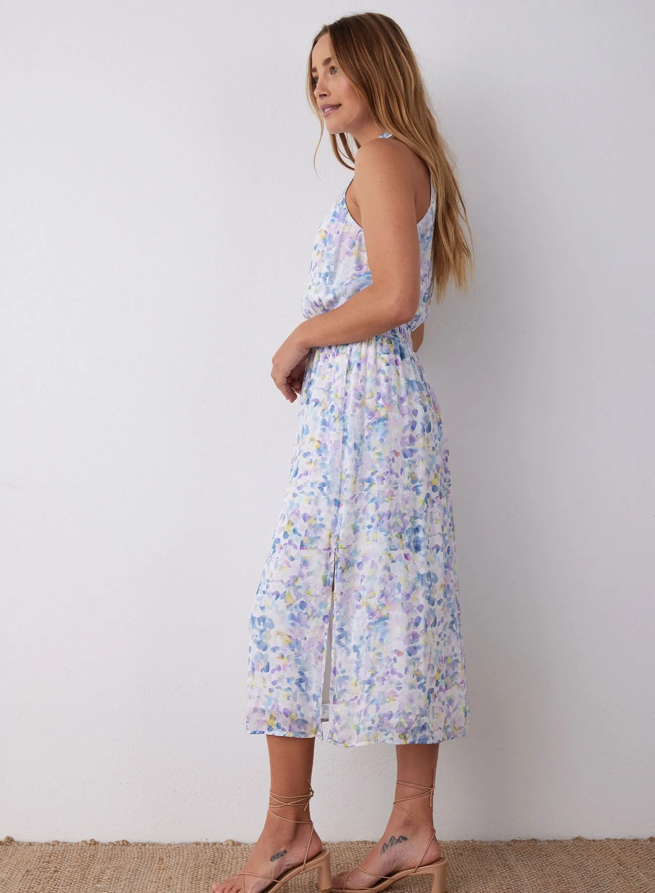 Sleeveless Smocked Waist Midi Dress - Orchid Floral Print