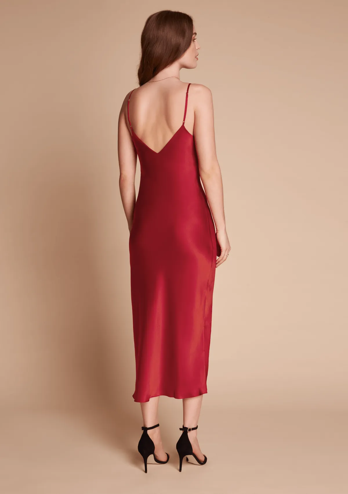 Sophia Midi Silk Slip Dress in Ruby Red