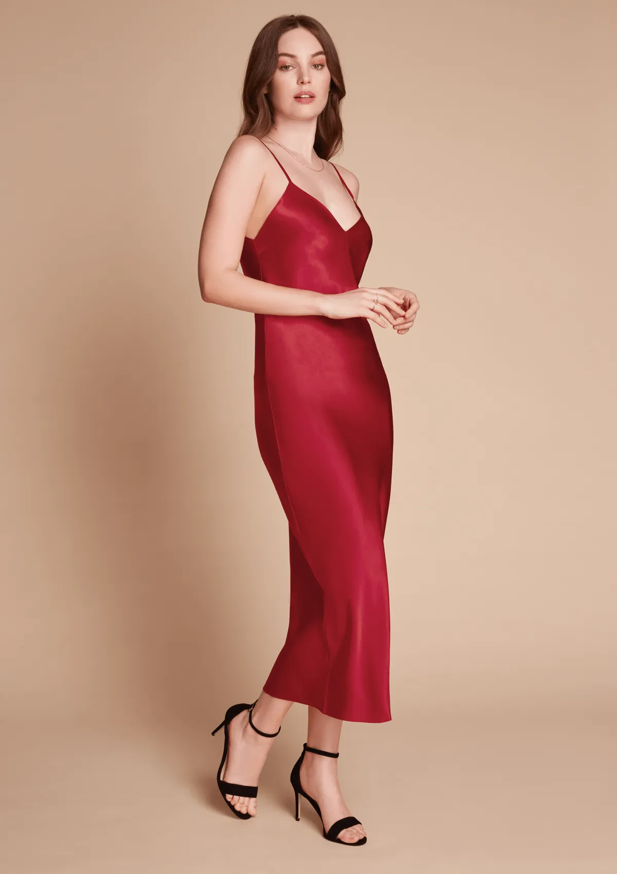 Sophia Midi Silk Slip Dress in Ruby Red