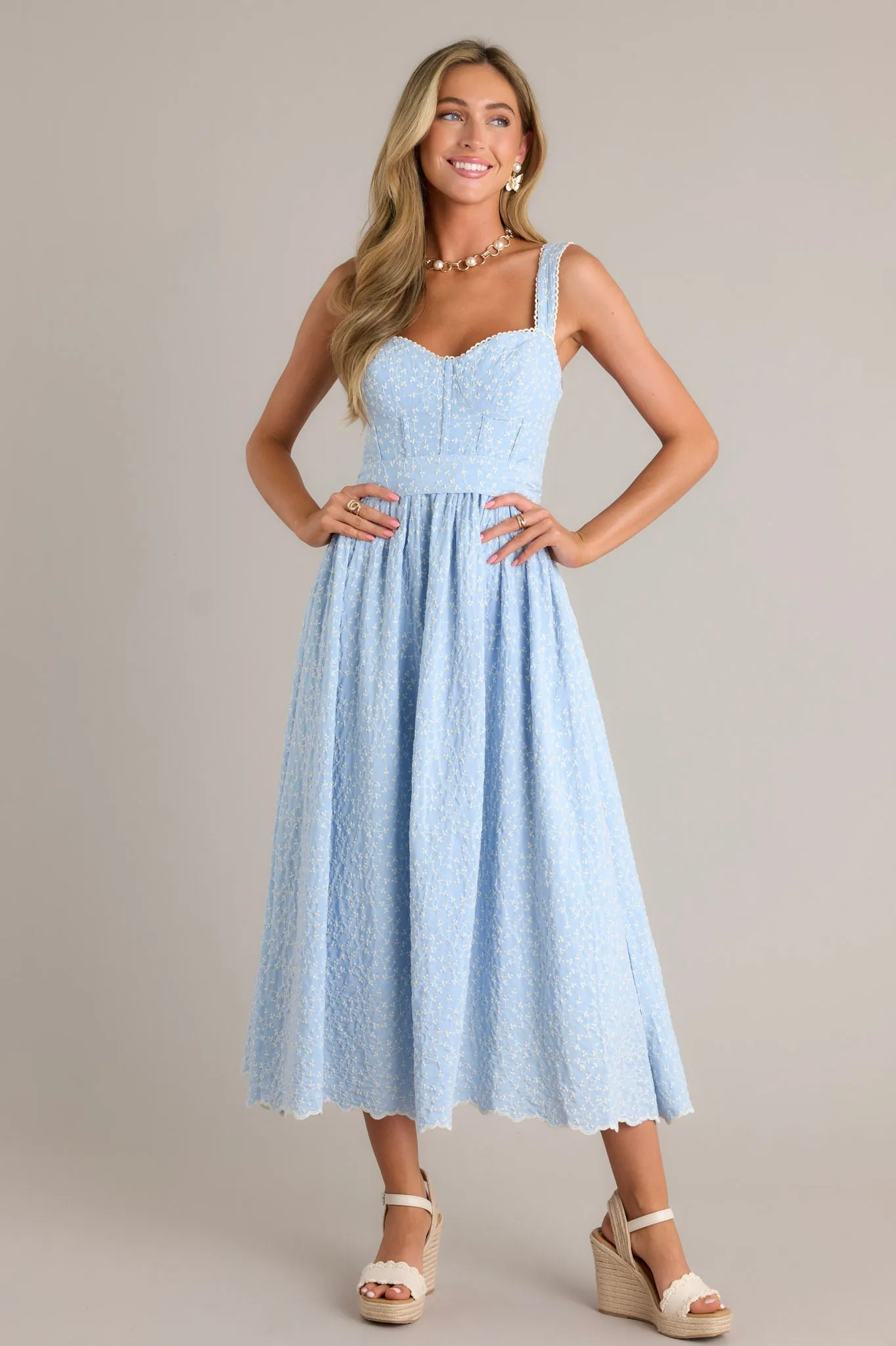 Stitched Serenity Light Blue Embroidered Midi Dress