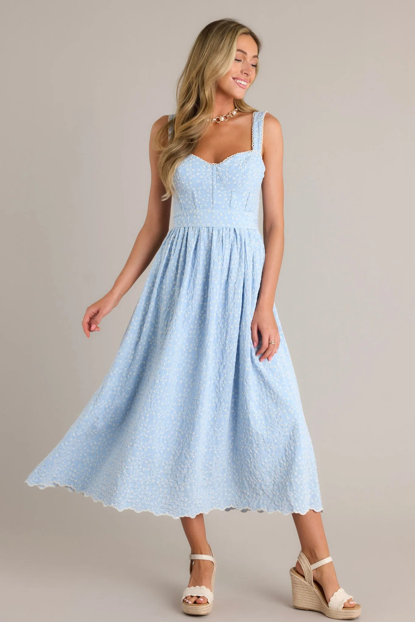 Stitched Serenity Light Blue Embroidered Midi Dress